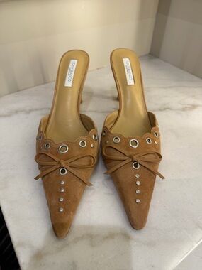 Tony Bianco Tan Suede Pointed Mule with Bow & Grommet Detail